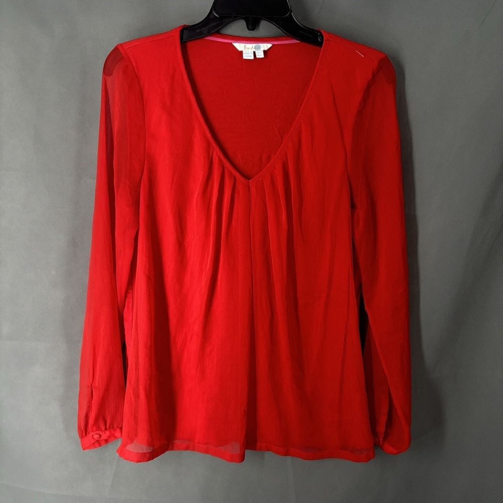 Boden Blouse Women's 8 Red Sheer  Long Sleeves Lined V-Neck